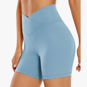 CRZ YOGA Women Butterluxe Criss Cross High Waist Biker Shorts 5” Light Blue